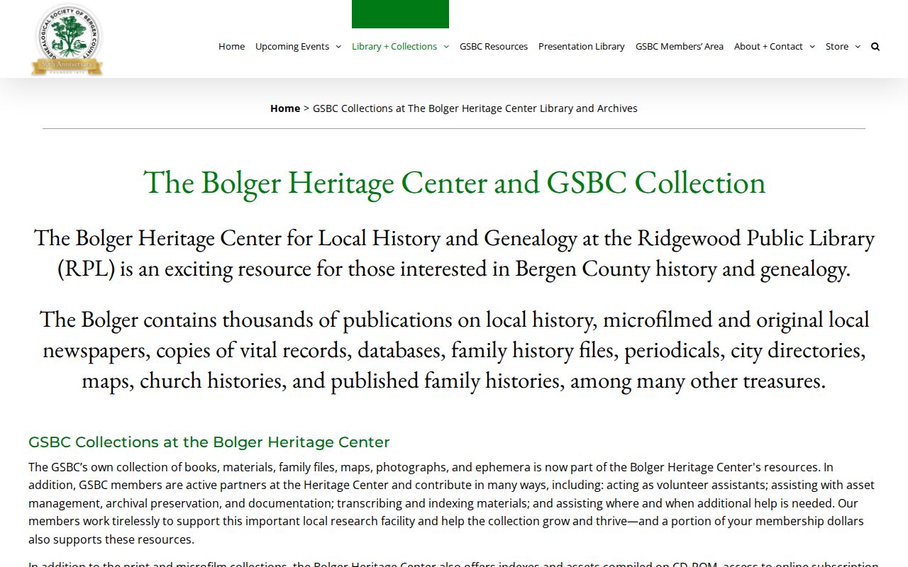 Bolger Heritage Center collection page for Bergen County historical research