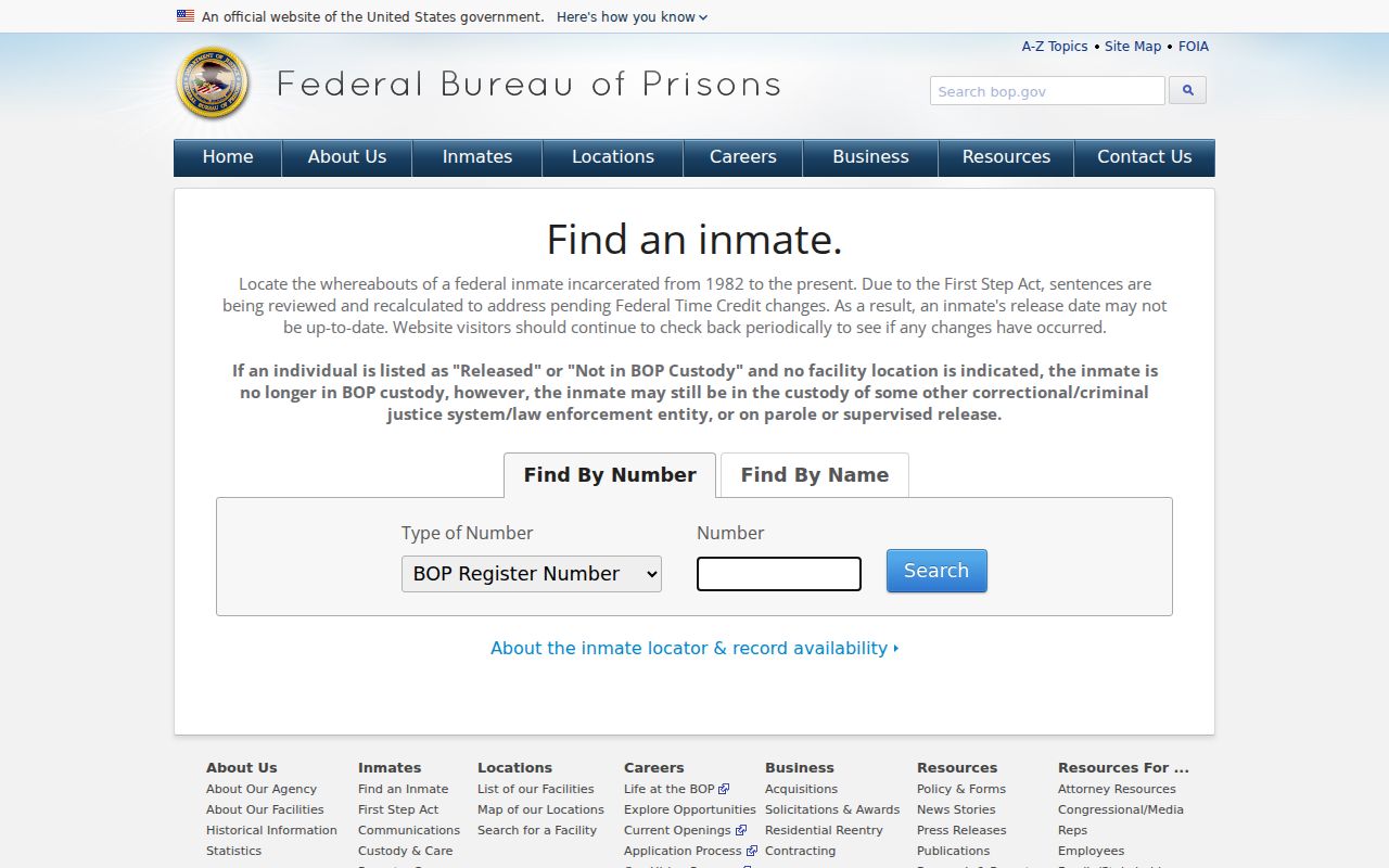 Federal Bureau of Prisons inmate locator for a federal records check