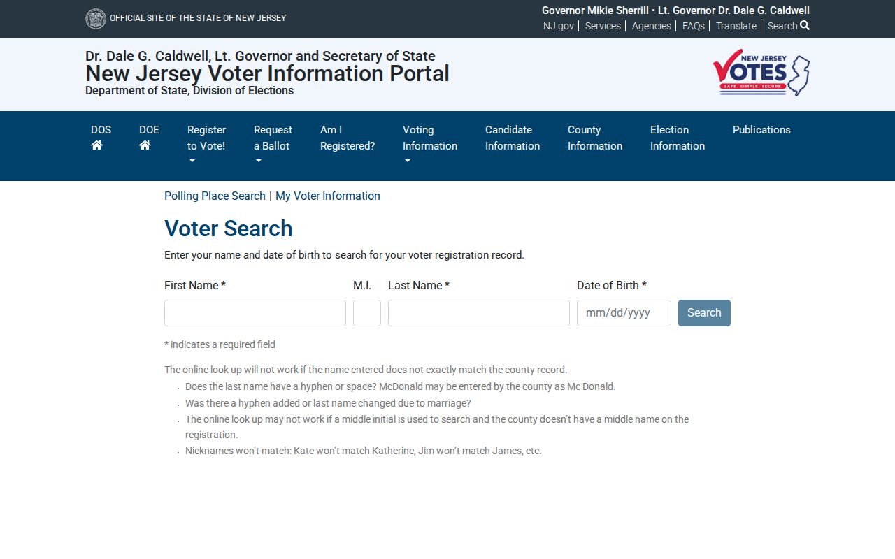 New Jersey voter registration status search page