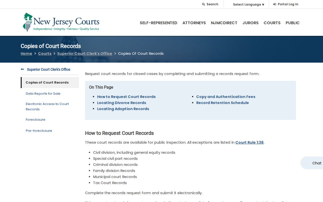 New Jersey Courts page describing copies of court records