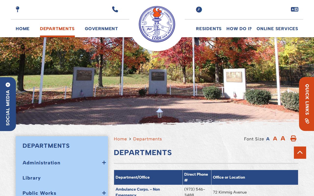 Lodi borough departments page with public office routing