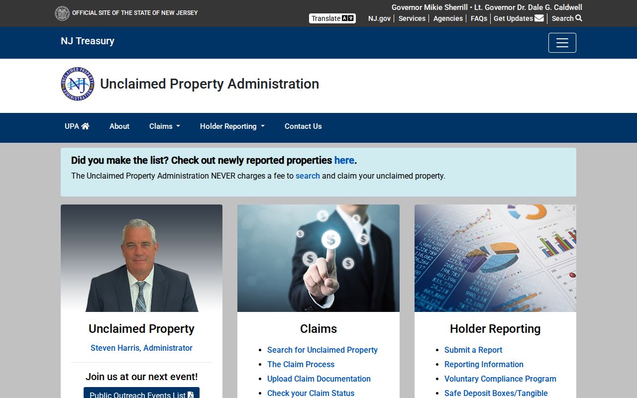 New Jersey Unclaimed Property search page for a Lodi records lead